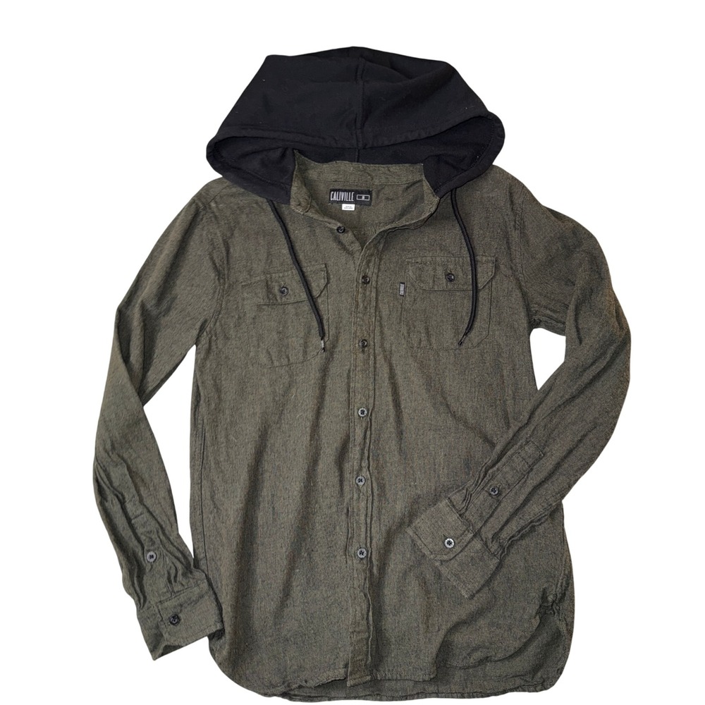 Caliville Mens Olive Green Hooded Flannel Shirt‎ Long Sleeve Button Up Casual
